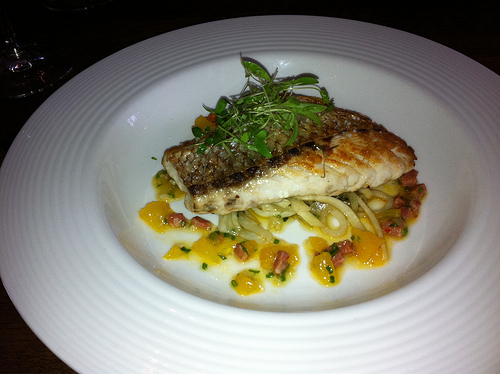 pan fried snapper, fennel, celeriac, chorizo, orange - Clarences