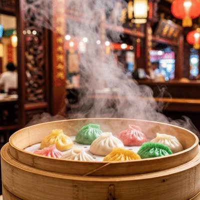 A colorful assortment of handmade dumplings in a bamboo steamer at a Chinatown restaurant
