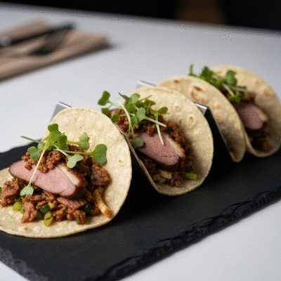 Modern fusion Thai roasted duck larb tacos on a slate plate
