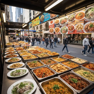 Vibrant street food stall in Melbourne with diverse colorful dishes