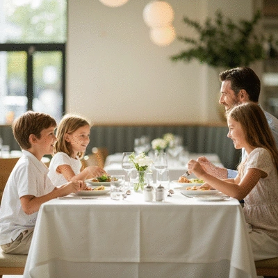 Family enjoying a meal together in a bright Melbourne restaurant