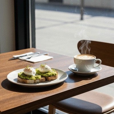 Aesthetic brunch plates on a marble cafe table