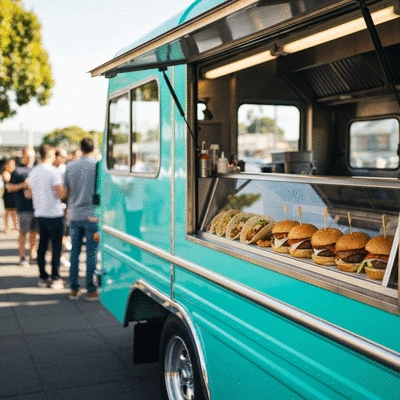 Modern food truck serving gourmet street food at an outdoor market