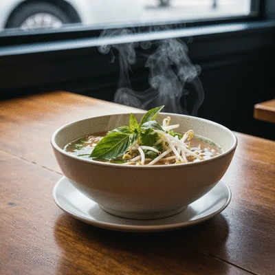 A steaming bowl of authentic Vietnamese pho on a rustic wooden table in a Melbourne eatery