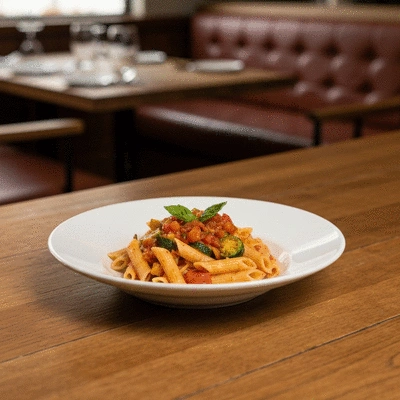 Modern Italian pasta dish served in a family-friendly restaurant setting