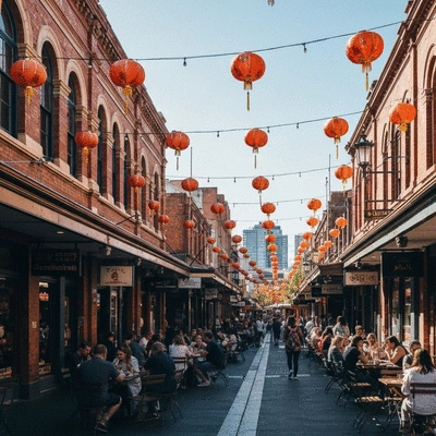 Vibrant street scene in Melbourne Chinatown with traditional architecture