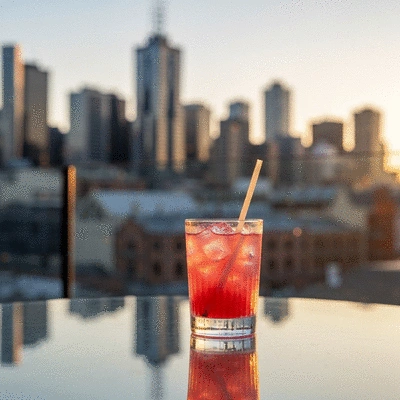 Sophisticated cocktail on a rooftop bar overlooking the Melbourne city skyline at sunset