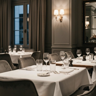 Elegant interior of a luxury Melbourne dining room with white tablecloths and soft lighting