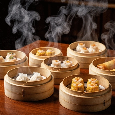 Assorted steaming dim sum baskets on a restaurant table