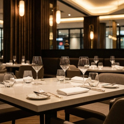 Elegant restaurant table setting with warm lighting in Melbourne
