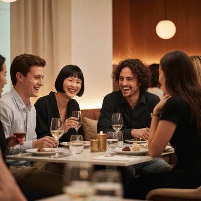 Professional business colleagues dining in a modern bright Melbourne restaurant