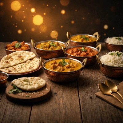 Traditional Indian spread with vibrant curries and naan bread on a rustic table