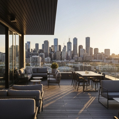 Modern rooftop dining area with city skyline view