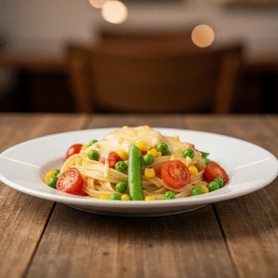 Close up of a delicious colorful kids pasta dish on a wooden table