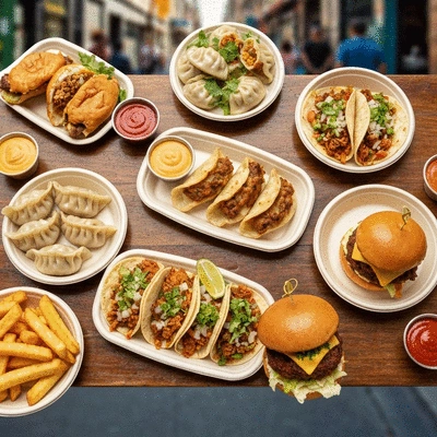 Variety of colorful street food dishes on a wooden table