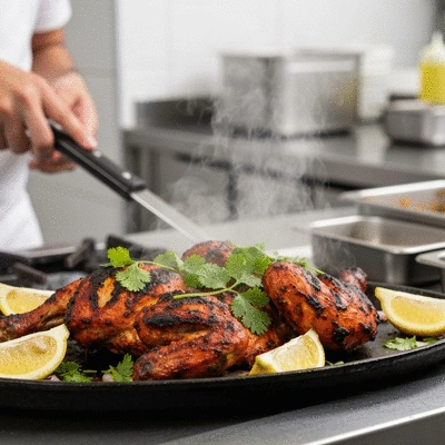 Sizzling tandoori chicken and fresh herbs in a professional kitchen setting