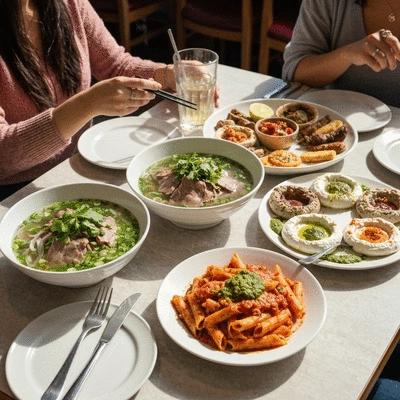 A vibrant spread of diverse international dishes on a wooden table